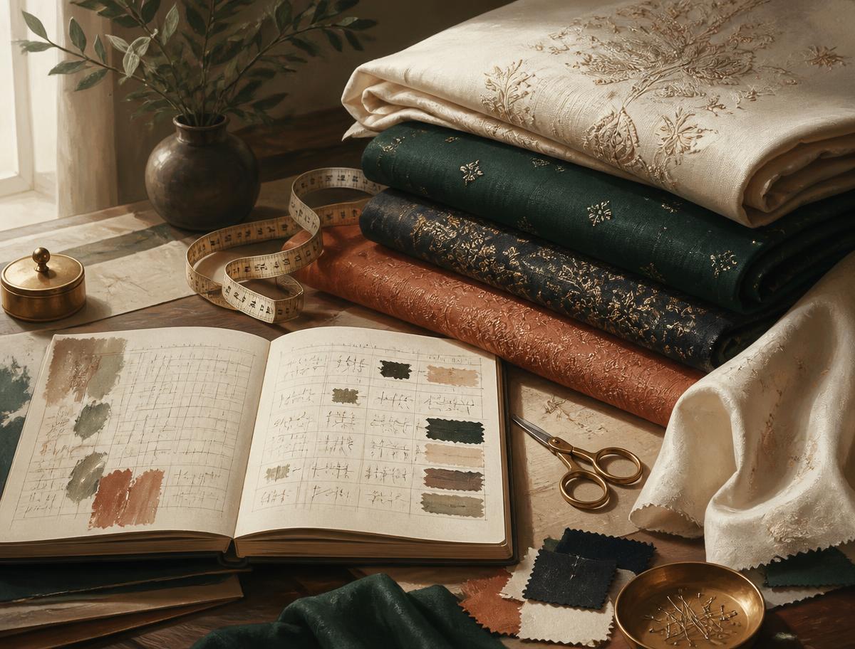 Editorial illustration of folded fabrics, tailoring tools and a stock ledger