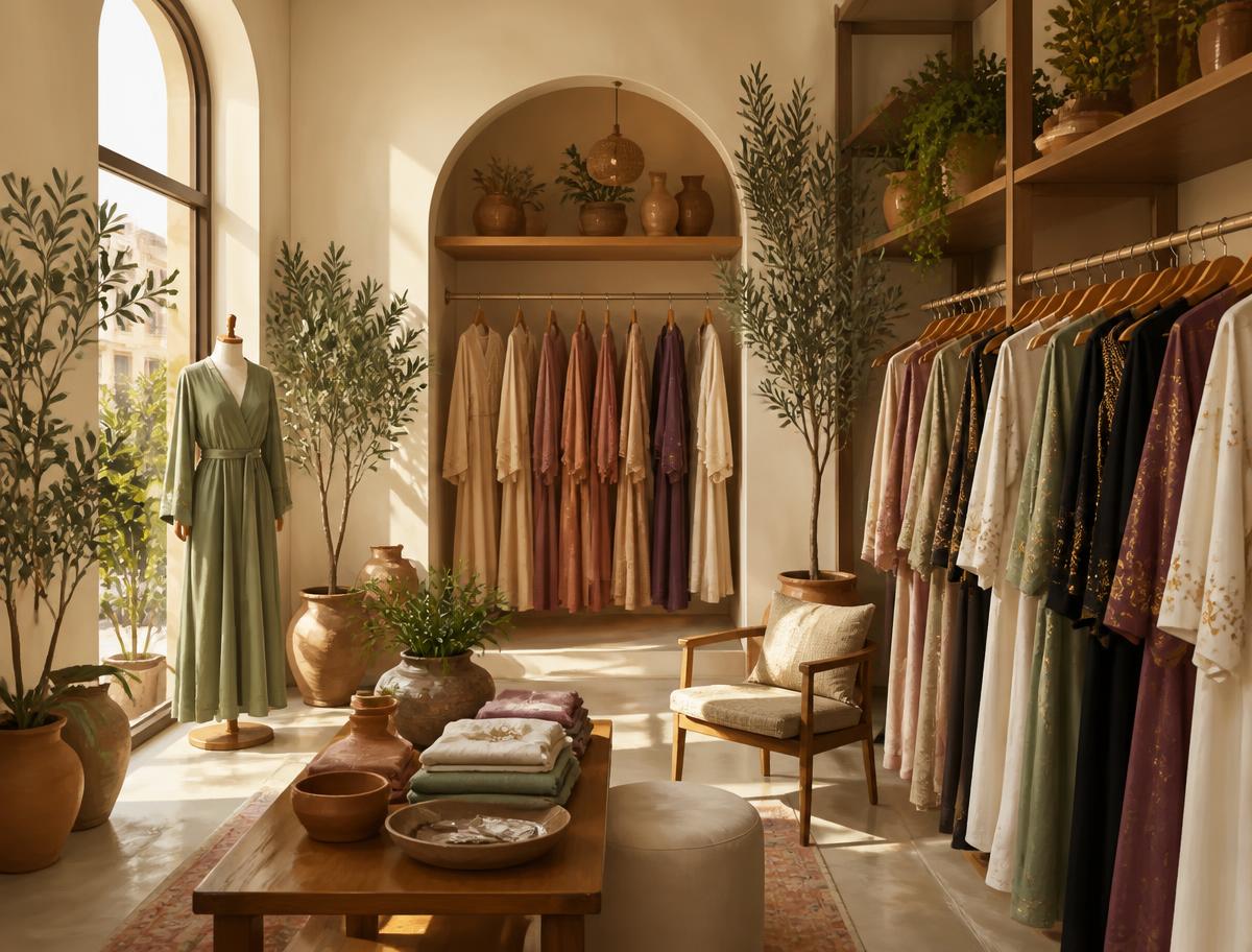 Editorial illustration of a warm independent women's clothing boutique